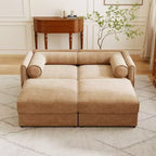 Canapé 2 places blanc élégant en chenille avec 2 poufs de rangement, dossier et accoudoirs cylindriques