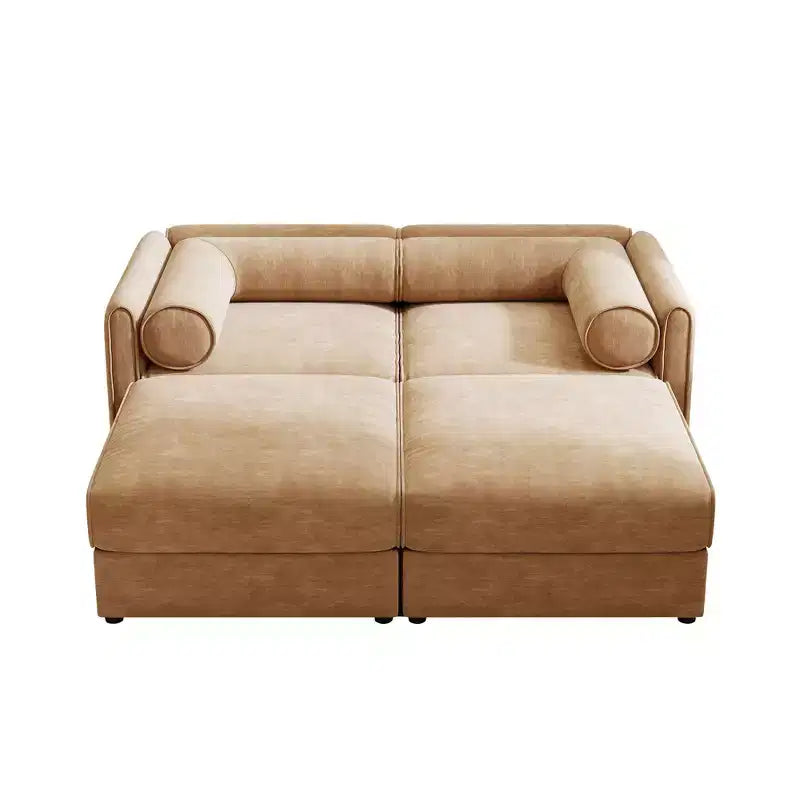 Canapé 2 places blanc élégant en chenille avec 2 poufs de rangement, dossier et accoudoirs cylindriques