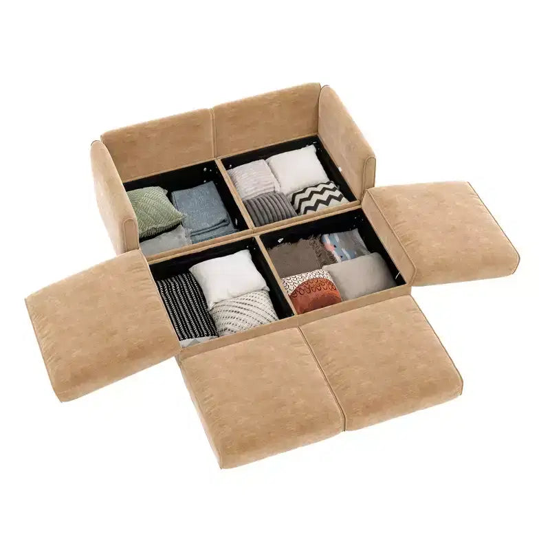 Canapé 2 places blanc élégant en chenille avec 2 poufs de rangement, dossier et accoudoirs cylindriques