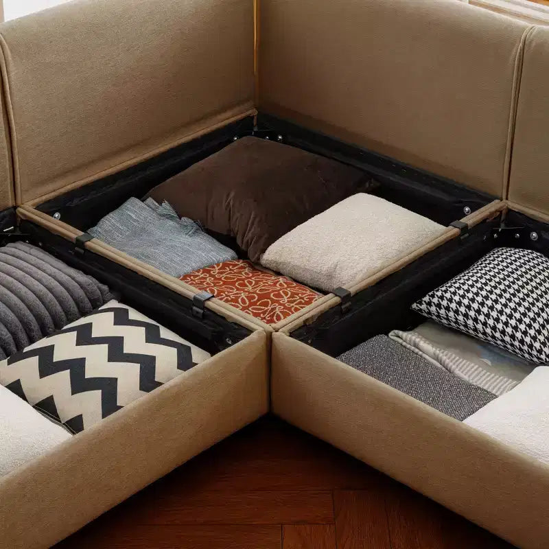 Canapé 2 places blanc élégant en chenille avec 2 poufs de rangement, dossier et accoudoirs cylindriques