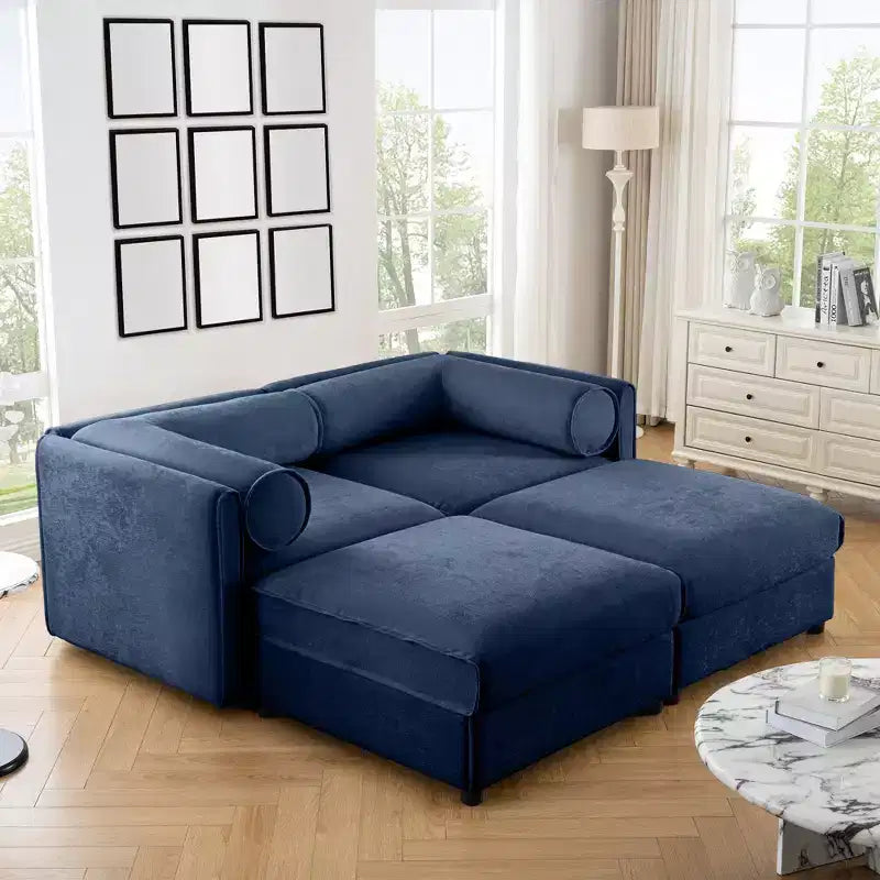 Canapé 2 places blanc élégant en chenille avec 2 poufs de rangement, dossier et accoudoirs cylindriques