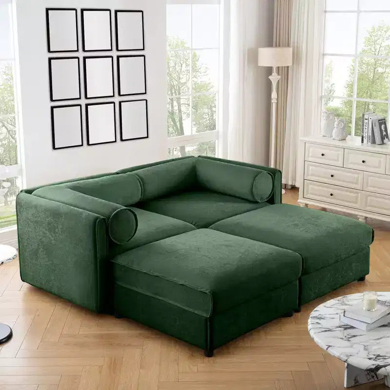 Canapé 2 places blanc élégant en chenille avec 2 poufs de rangement, dossier et accoudoirs cylindriques