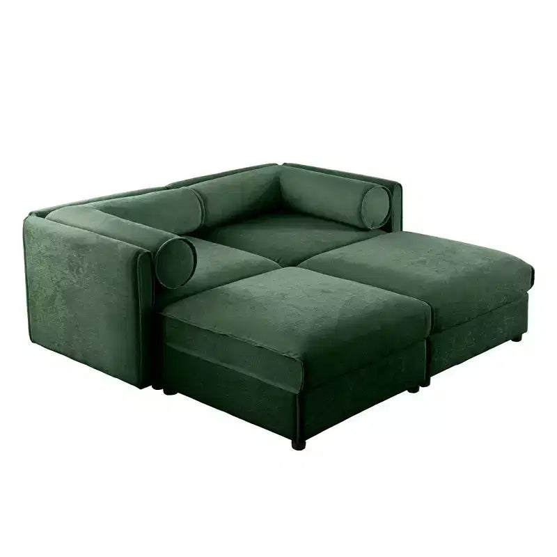 Canapé 2 places blanc élégant en chenille avec 2 poufs de rangement, dossier et accoudoirs cylindriques