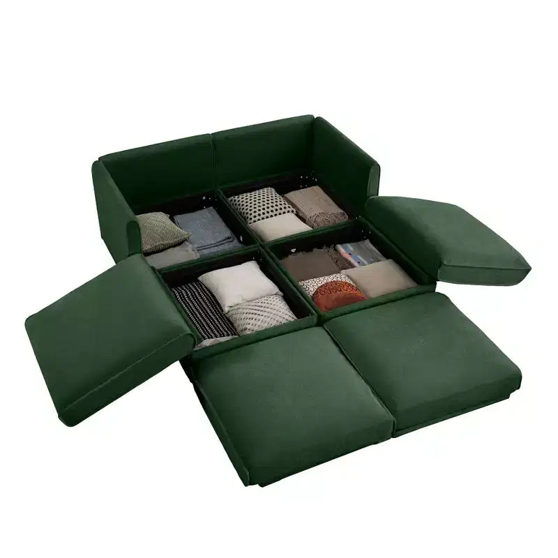Canapé 2 places blanc élégant en chenille avec 2 poufs de rangement, dossier et accoudoirs cylindriques