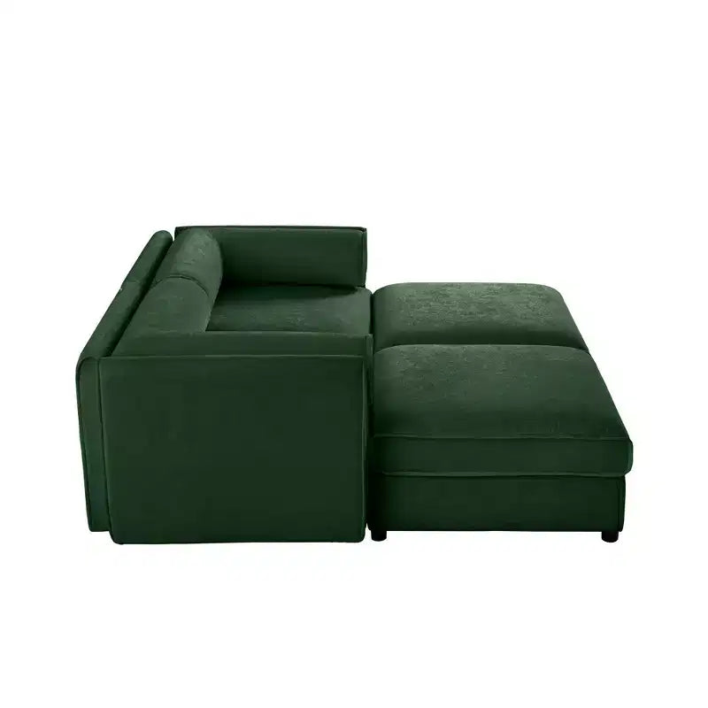 Canapé 2 places blanc élégant en chenille avec 2 poufs de rangement, dossier et accoudoirs cylindriques