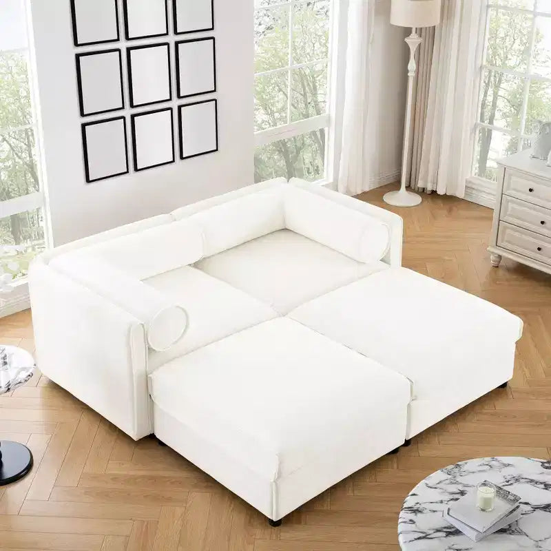 Canapé 2 places blanc élégant en chenille avec 2 poufs de rangement, dossier et accoudoirs cylindriques