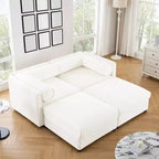 Canapé 2 places blanc élégant en chenille avec 2 poufs de rangement, dossier et accoudoirs cylindriques