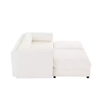 Canapé 2 places blanc élégant en chenille avec 2 poufs de rangement, dossier et accoudoirs cylindriques