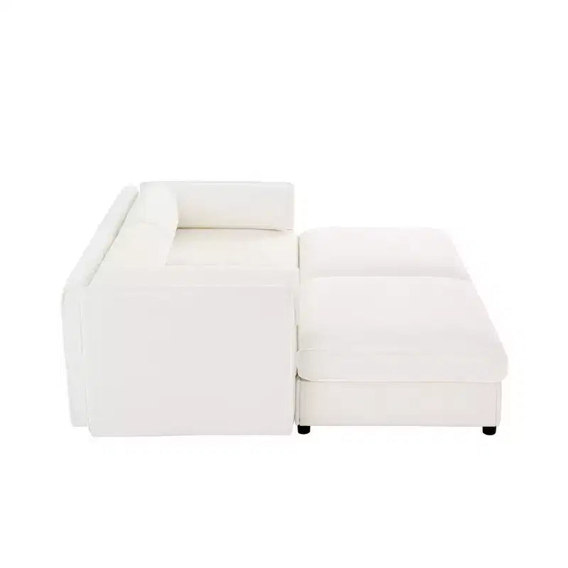 Canapé 2 places blanc élégant en chenille avec 2 poufs de rangement, dossier et accoudoirs cylindriques