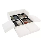 Canapé 2 places blanc élégant en chenille avec 2 poufs de rangement, dossier et accoudoirs cylindriques