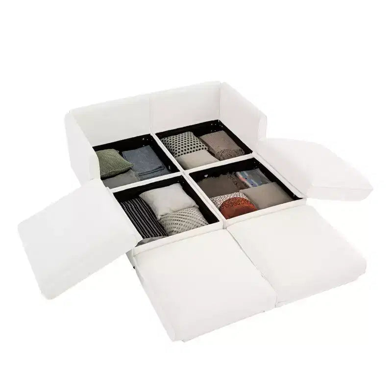 Canapé 2 places blanc élégant en chenille avec 2 poufs de rangement, dossier et accoudoirs cylindriques