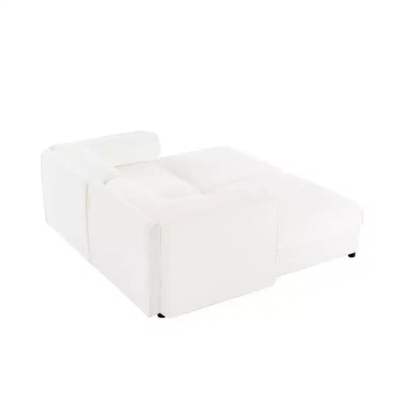 Canapé 2 places blanc élégant en chenille avec 2 poufs de rangement, dossier et accoudoirs cylindriques