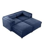 Canapé 2 places blanc élégant en chenille avec 2 poufs de rangement, dossier et accoudoirs cylindriques