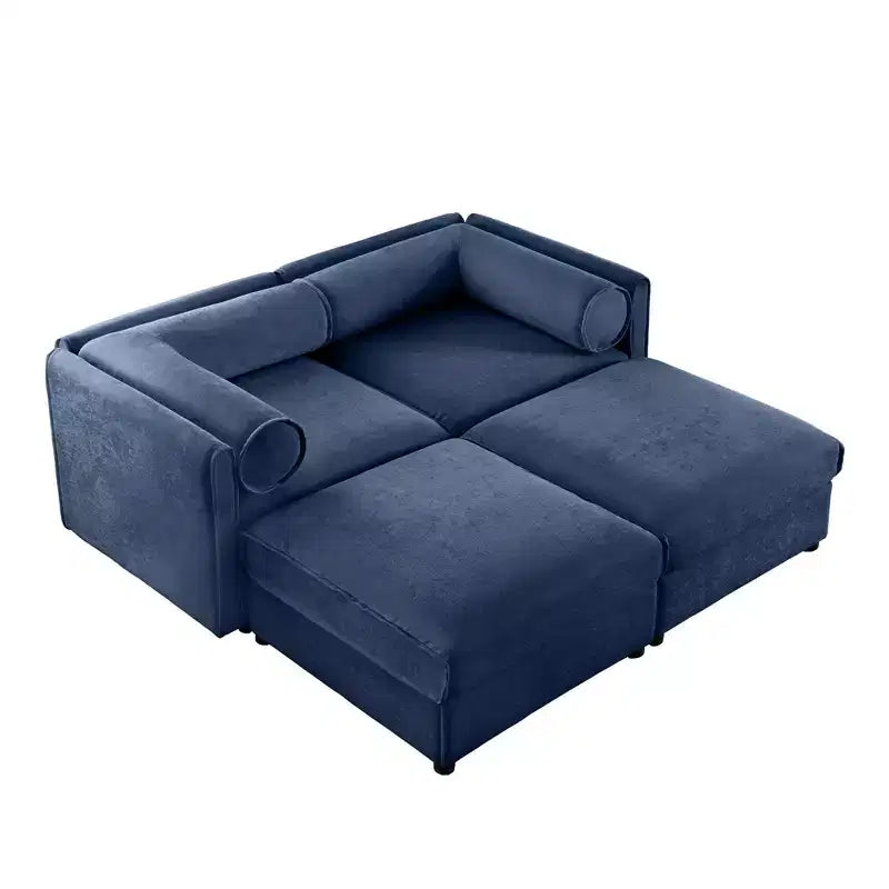 Canapé 2 places blanc élégant en chenille avec 2 poufs de rangement, dossier et accoudoirs cylindriques