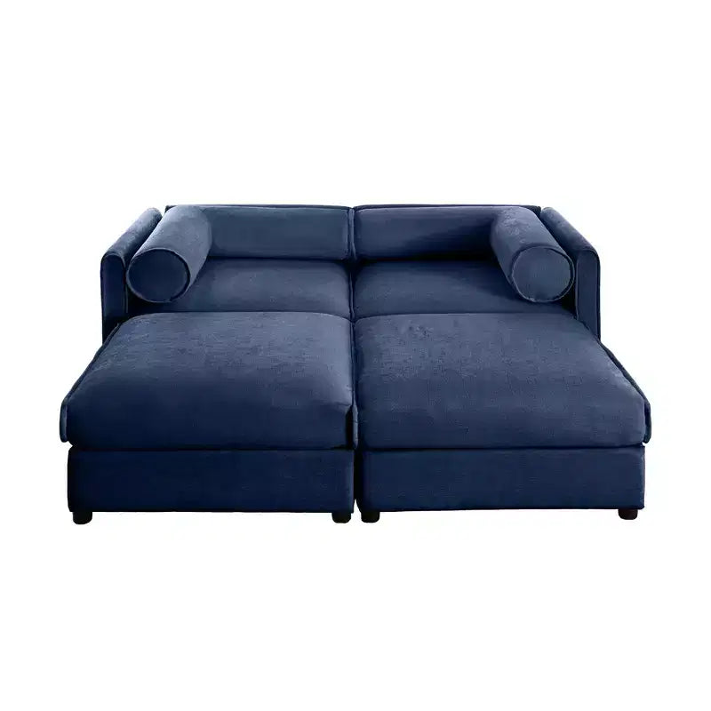Canapé 2 places blanc élégant en chenille avec 2 poufs de rangement, dossier et accoudoirs cylindriques