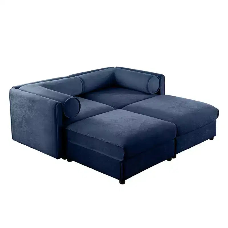 Canapé 2 places blanc élégant en chenille avec 2 poufs de rangement, dossier et accoudoirs cylindriques