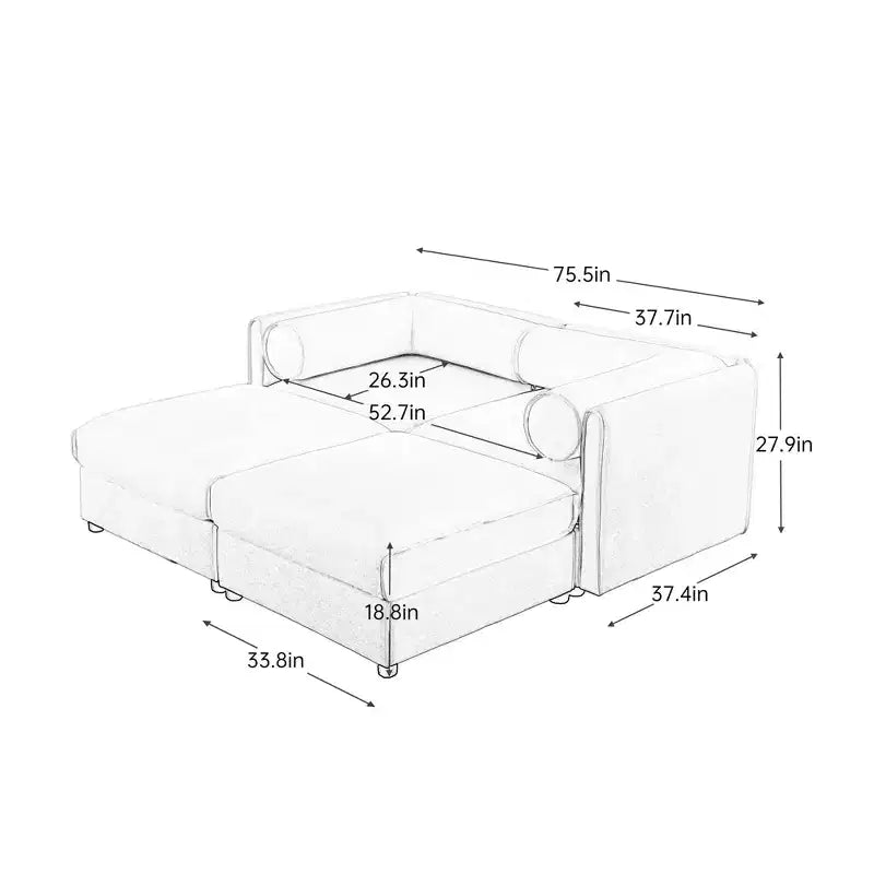 Canapé 2 places blanc élégant en chenille avec 2 poufs de rangement, dossier et accoudoirs cylindriques