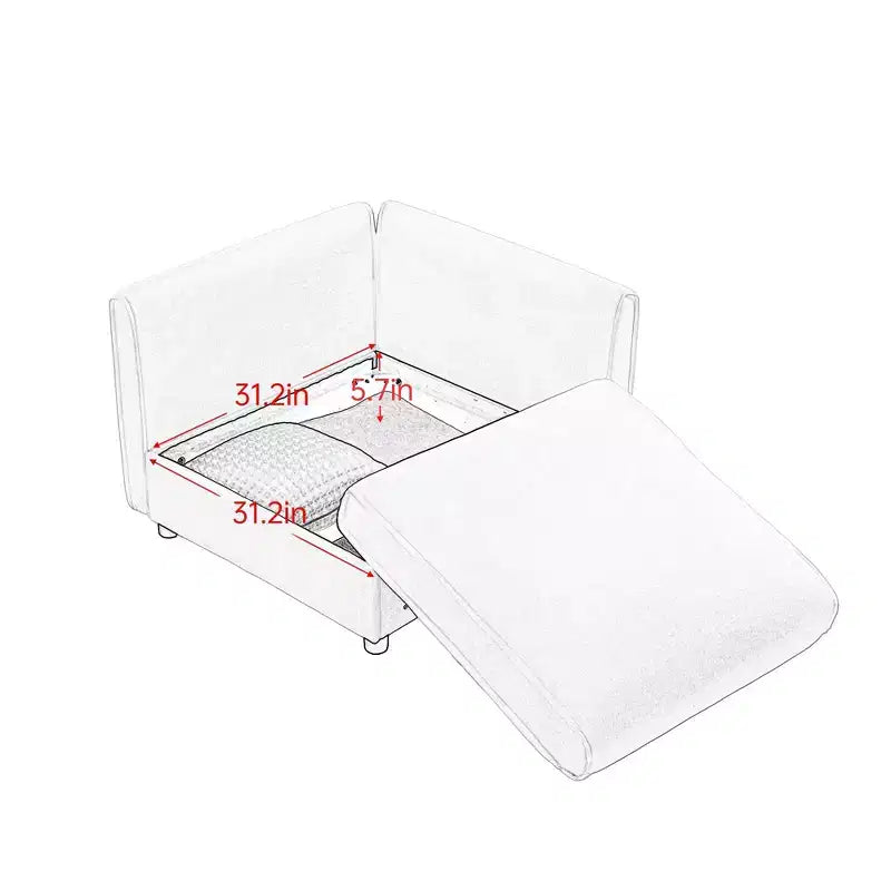 Canapé 2 places blanc élégant en chenille avec 2 poufs de rangement, dossier et accoudoirs cylindriques