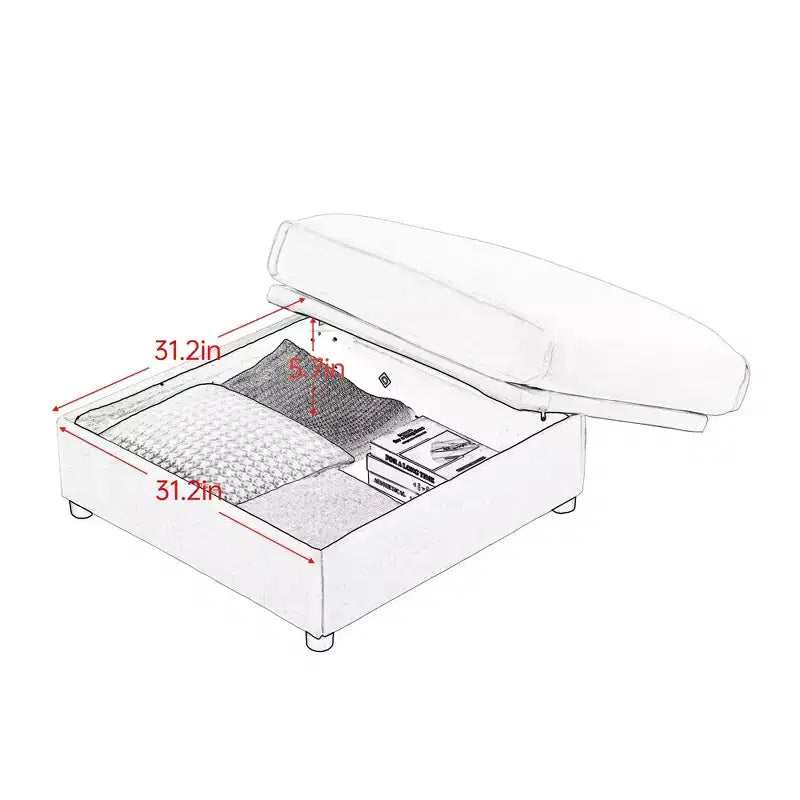 Canapé 2 places blanc élégant en chenille avec 2 poufs de rangement, dossier et accoudoirs cylindriques
