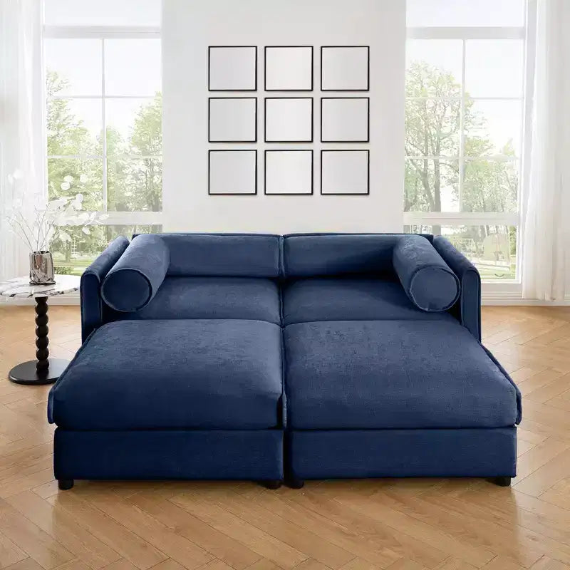 Canapé 2 places blanc élégant en chenille avec 2 poufs de rangement, dossier et accoudoirs cylindriques