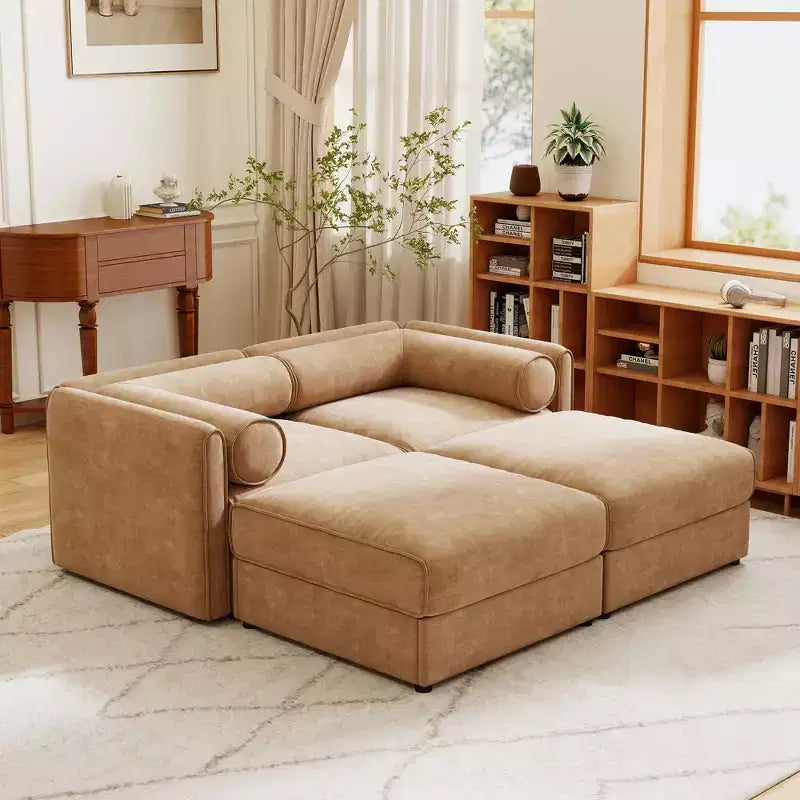 Canapé 2 places blanc élégant en chenille avec 2 poufs de rangement, dossier et accoudoirs cylindriques