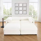 Stylish White Chenille 2-Seater Sofa with 2 Ottoman Storage Seat, Cylindrical Backrest and Armrests