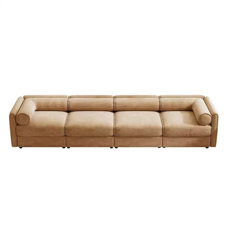 Canapé modulable avec rangement, dossier cylindrique et accoudoirs, assise profonde et confortable, durable et offrant un bon soutien pour le salon.