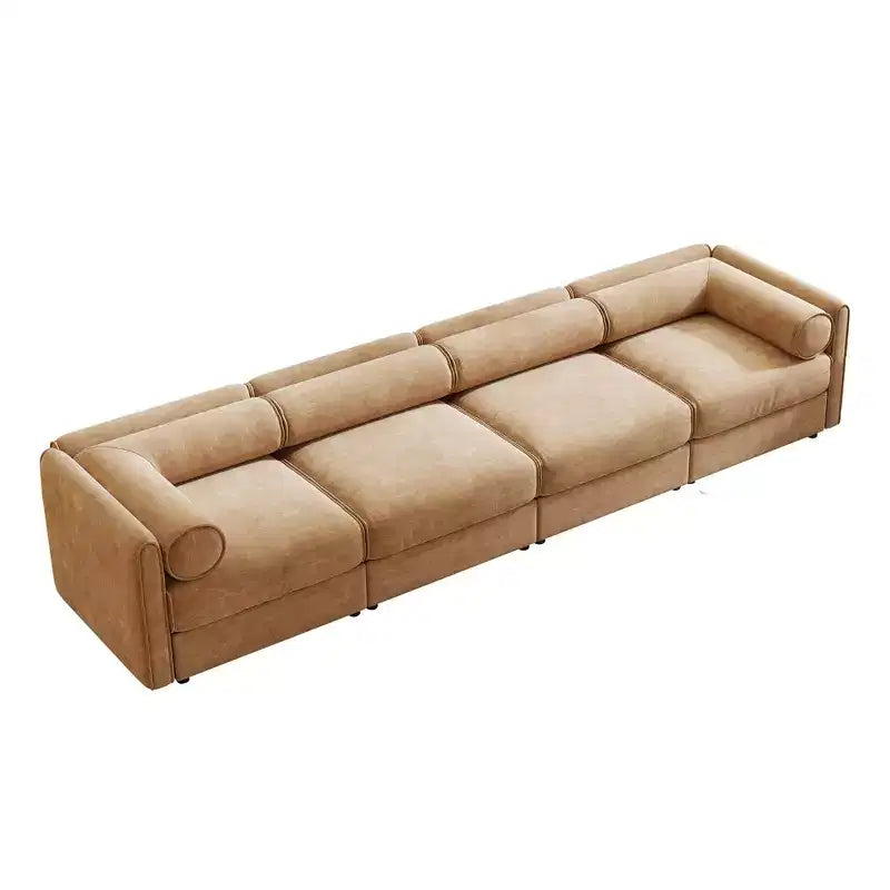 Canapé modulable avec rangement, dossier cylindrique et accoudoirs, assise profonde et confortable, durable et offrant un bon soutien pour le salon.