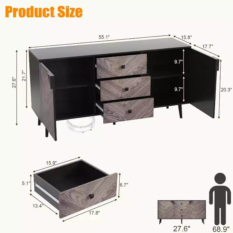 GustoWave 55.1 3 Drawer Cabinet with Adjustable Shelves and Doors with Storage