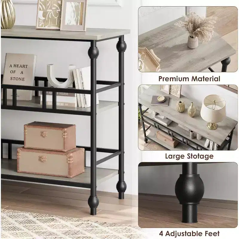 43 Console, table d'entrée étroite à 3 niveaux avec étagères, tables d'appoint pour salon, couloir, chambre, rustique, marron
