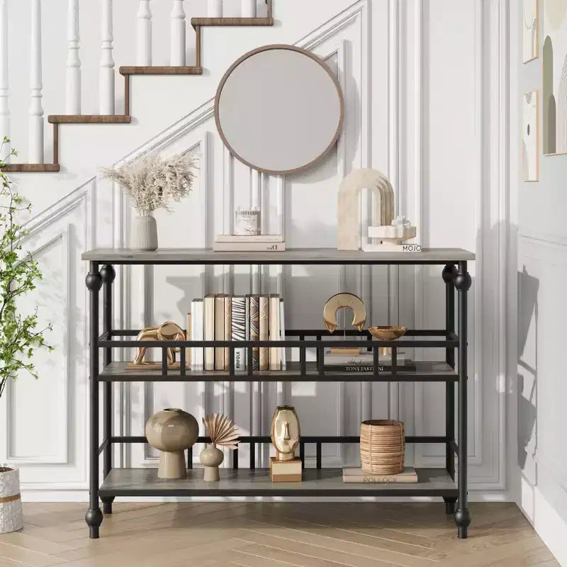 43 Console, table d'entrée étroite à 3 niveaux avec étagères, tables d'appoint pour salon, couloir, chambre, rustique, marron