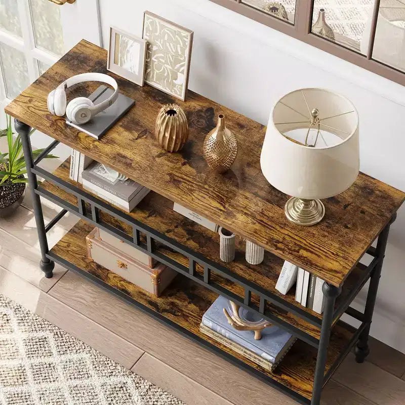 43 Console, table d'entrée étroite à 3 niveaux avec étagères, tables d'appoint pour salon, couloir, chambre, rustique, marron