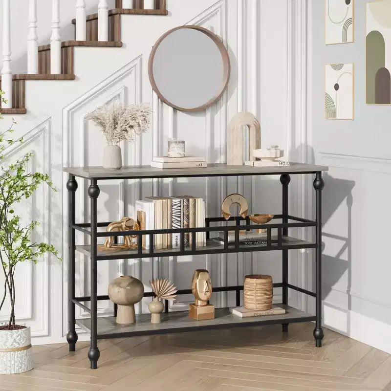 43 Console, table d'entrée étroite à 3 niveaux avec étagères, tables d'appoint pour salon, couloir, chambre, rustique, marron