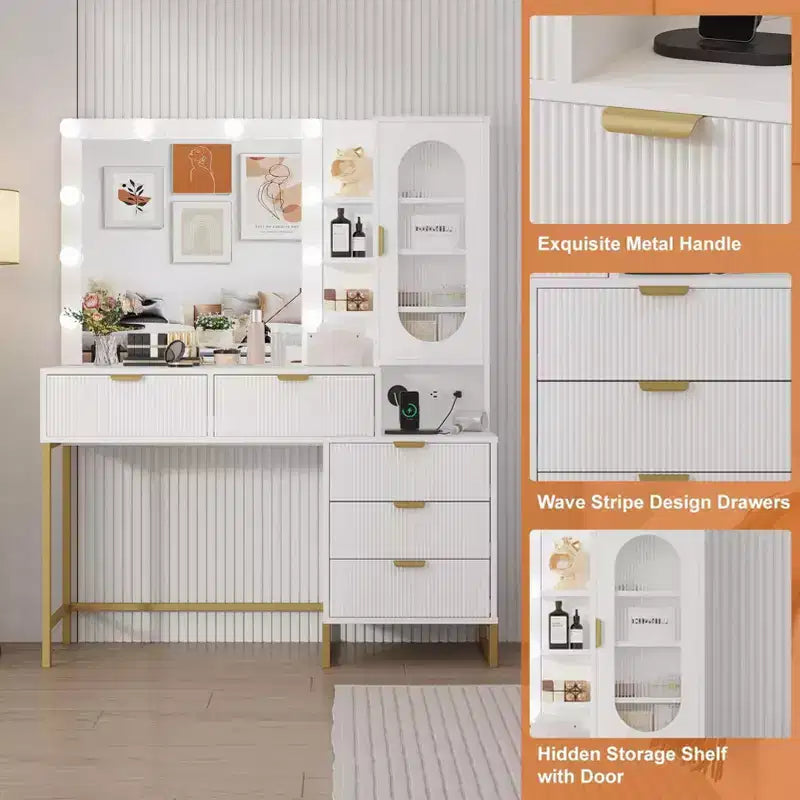 Vanity Benches, Modern Makeup Vanity Desk with Adjustable Mirror, Built in Charging Station, 5 Drawers