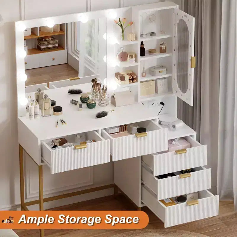 Vanity Benches, Modern Makeup Vanity Desk with Adjustable Mirror, Built in Charging Station, 5 Drawers