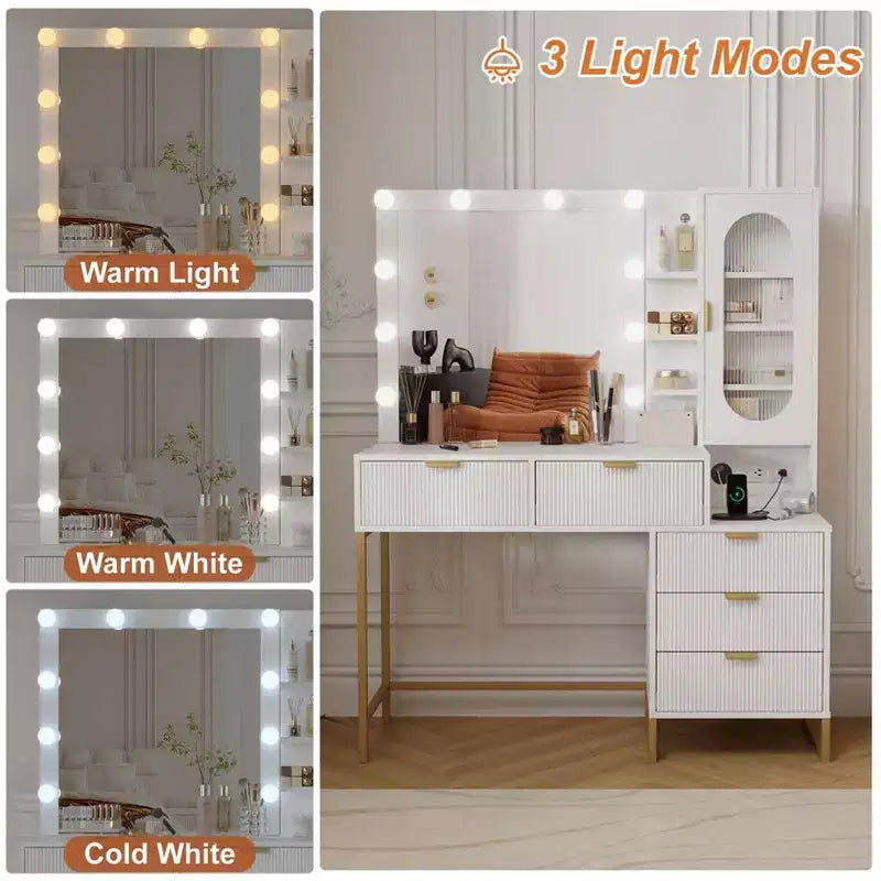 Vanity Benches, Modern Makeup Vanity Desk with Adjustable Mirror, Built in Charging Station, 5 Drawers