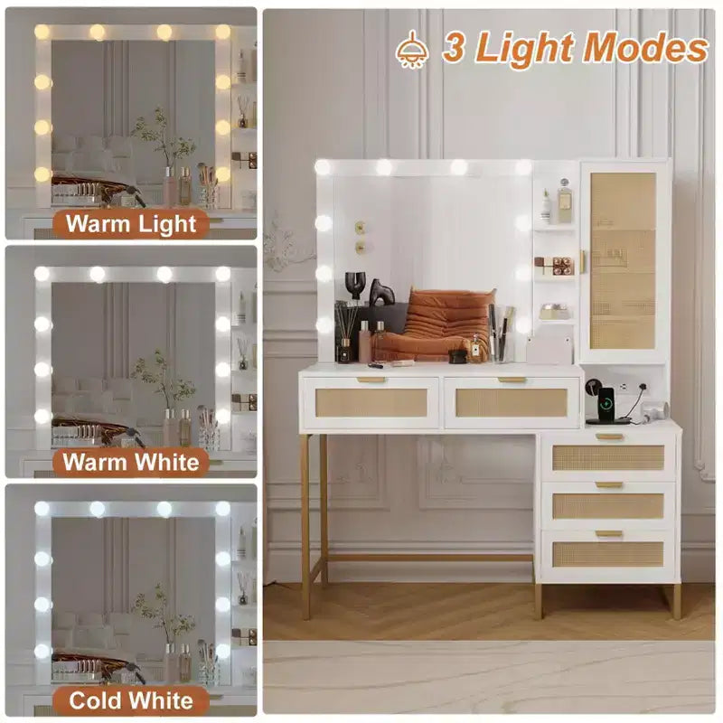 Vanity Benches, Modern Makeup Vanity Desk with Adjustable Mirror, Built in Charging Station, 5 Drawers