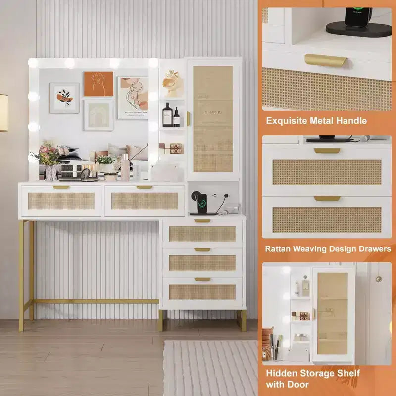 Vanity Benches, Modern Makeup Vanity Desk with Adjustable Mirror, Built in Charging Station, 5 Drawers
