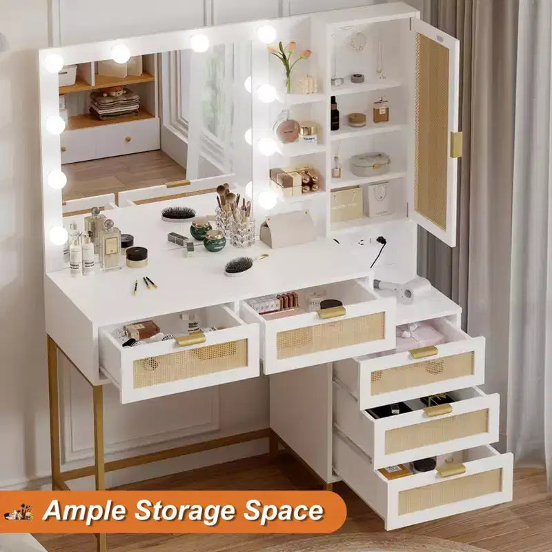 Vanity Benches, Modern Makeup Vanity Desk with Adjustable Mirror, Built in Charging Station, 5 Drawers