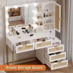 Vanity Benches, Modern Makeup Vanity Desk with Adjustable Mirror, Built in Charging Station, 5 Drawers