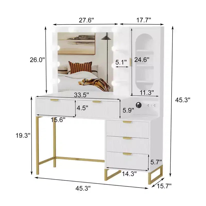Vanity Benches, Modern Makeup Vanity Desk with Adjustable Mirror, Built in Charging Station, 5 Drawers