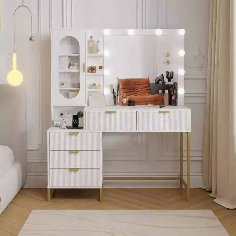 Vanity Benches, Modern Makeup Vanity Desk with Adjustable Mirror, Built in Charging Station, 5 Drawers