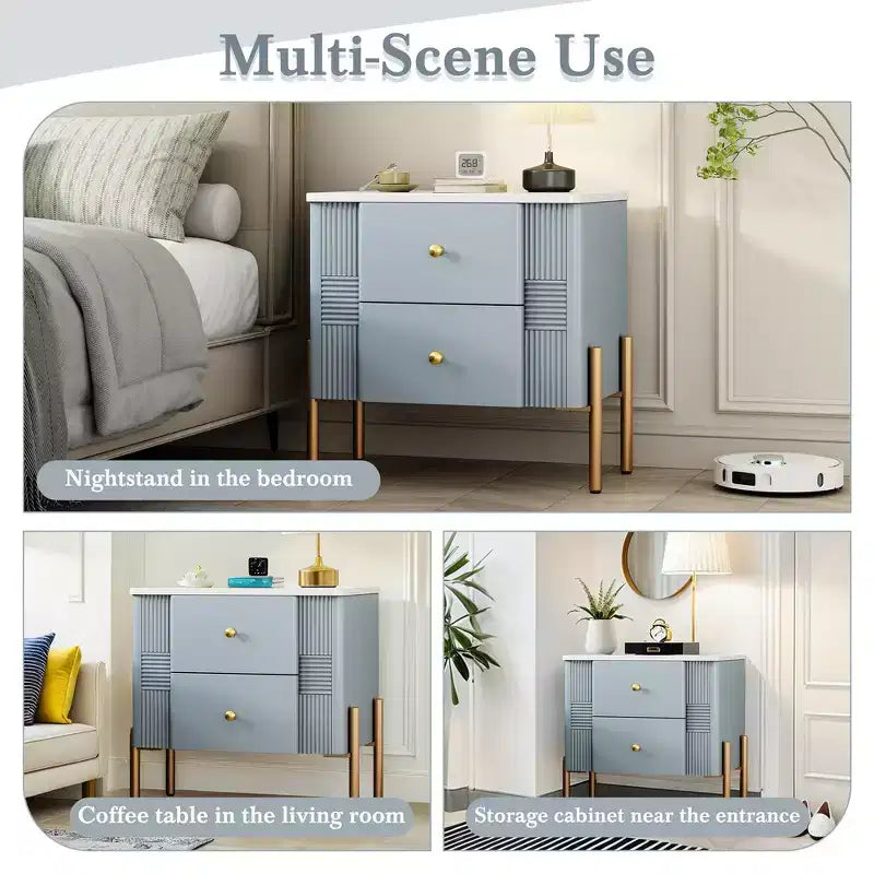 Table de Chevet Minimaliste Moderne Whisen avec 2 Tiroirs de Rangement, Poignées et Pieds en Métal Doré, Design Texturé Unique