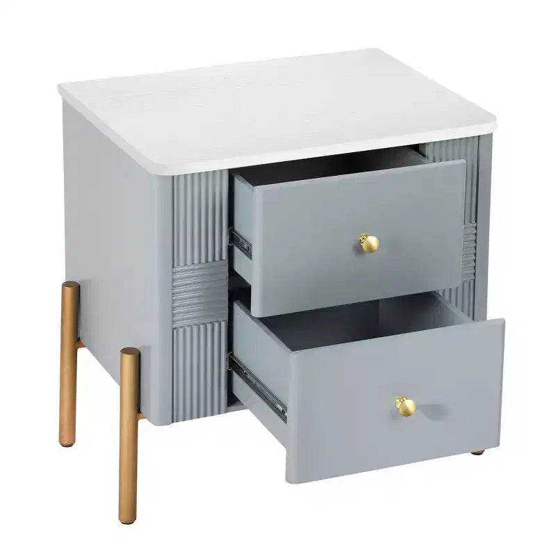 Table de Chevet Minimaliste Moderne Whisen avec 2 Tiroirs de Rangement, Poignées et Pieds en Métal Doré, Design Texturé Unique