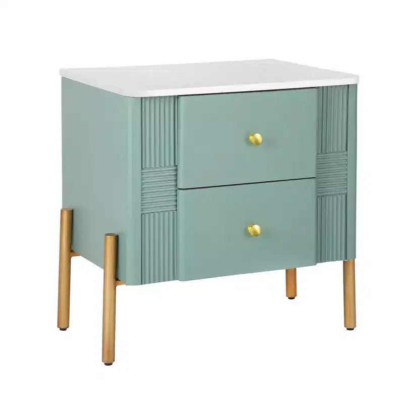 Table de Chevet Minimaliste Moderne Whisen avec 2 Tiroirs de Rangement, Poignées et Pieds en Métal Doré, Design Texturé Unique