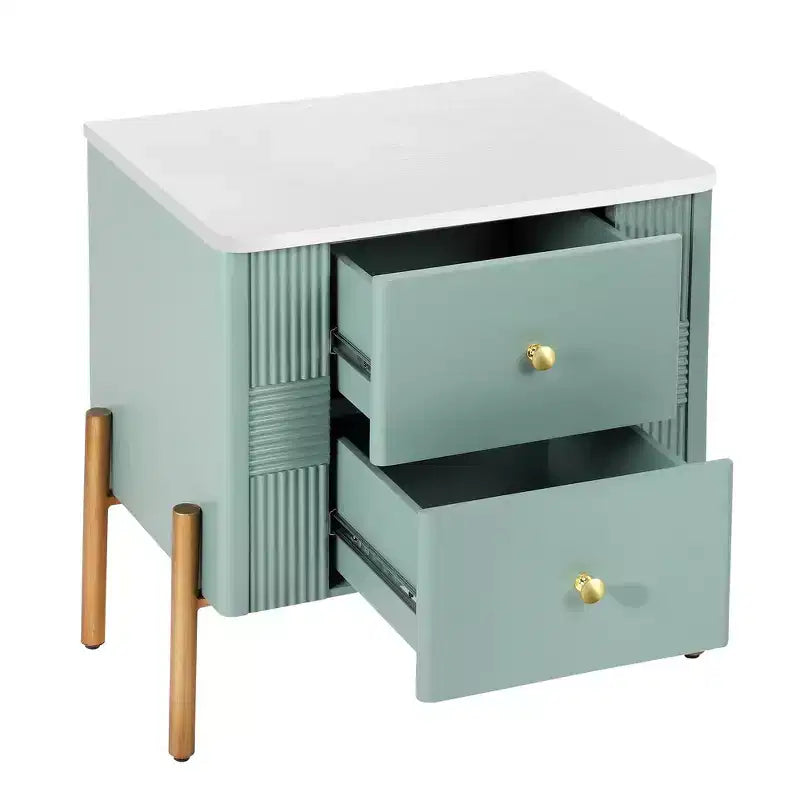 Table de Chevet Minimaliste Moderne Whisen avec 2 Tiroirs de Rangement, Poignées et Pieds en Métal Doré, Design Texturé Unique