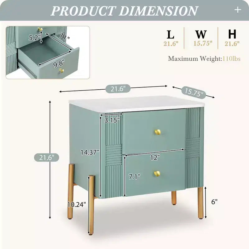 Table de Chevet Minimaliste Moderne Whisen avec 2 Tiroirs de Rangement, Poignées et Pieds en Métal Doré, Design Texturé Unique