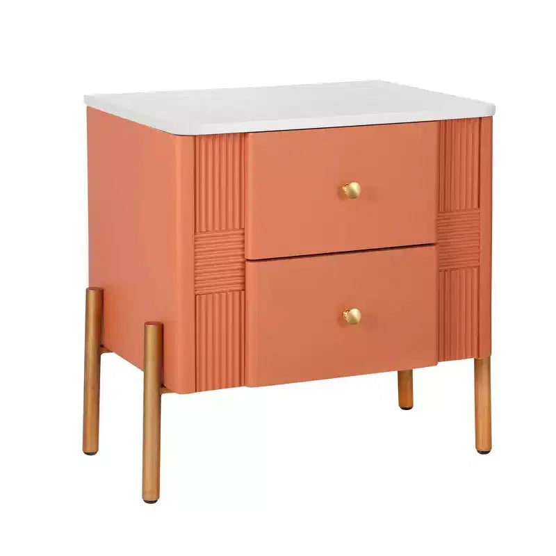 Table de Chevet Minimaliste Moderne Whisen avec 2 Tiroirs de Rangement, Poignées et Pieds en Métal Doré, Design Texturé Unique