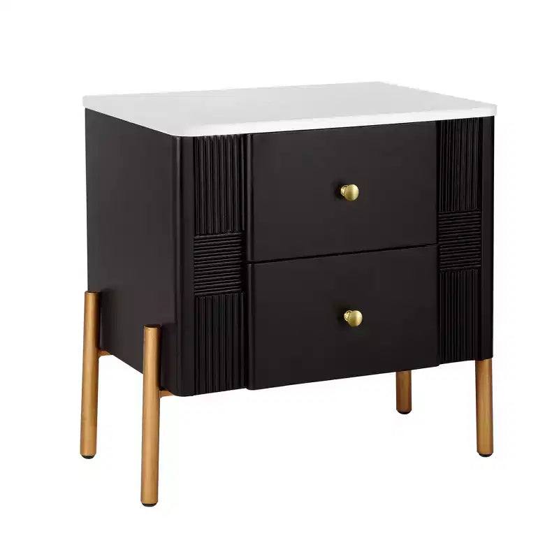 Table de Chevet Minimaliste Moderne Whisen avec 2 Tiroirs de Rangement, Poignées et Pieds en Métal Doré, Design Texturé Unique
