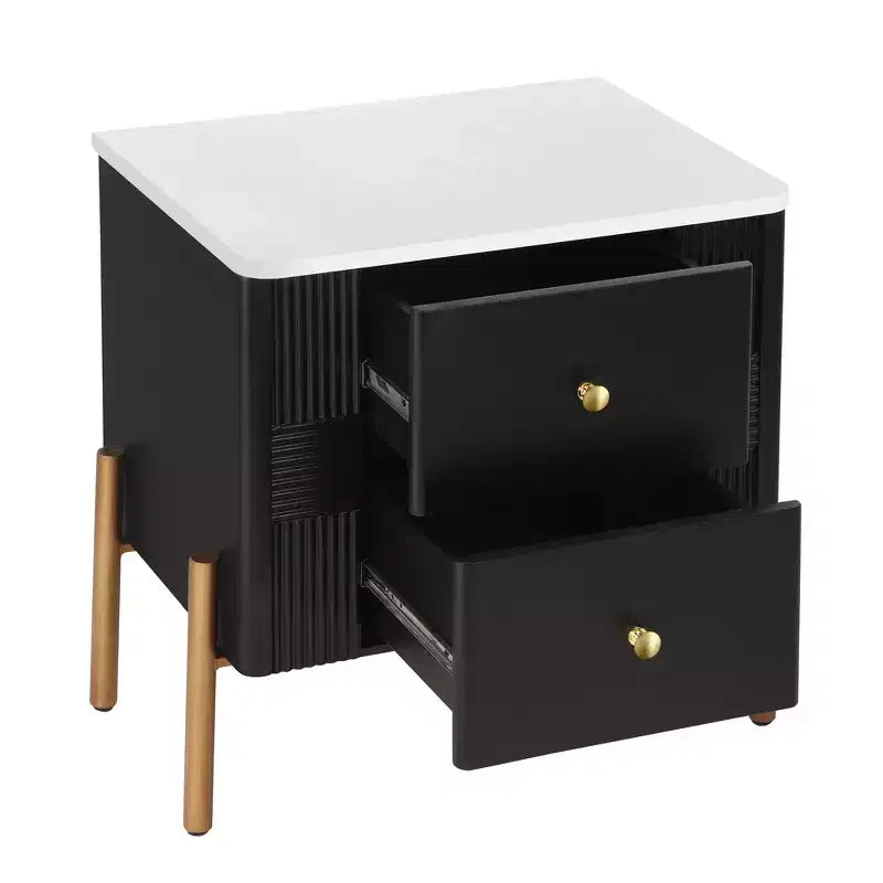 Table de Chevet Minimaliste Moderne Whisen avec 2 Tiroirs de Rangement, Poignées et Pieds en Métal Doré, Design Texturé Unique